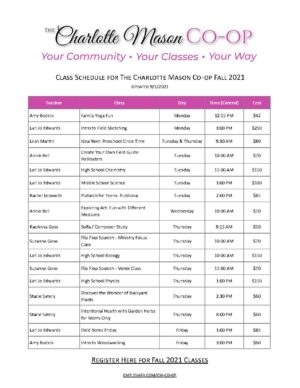 Updated 9-1-21 Fall 2021 Class Schedule at The Charlotte Mason Co-op JPEG