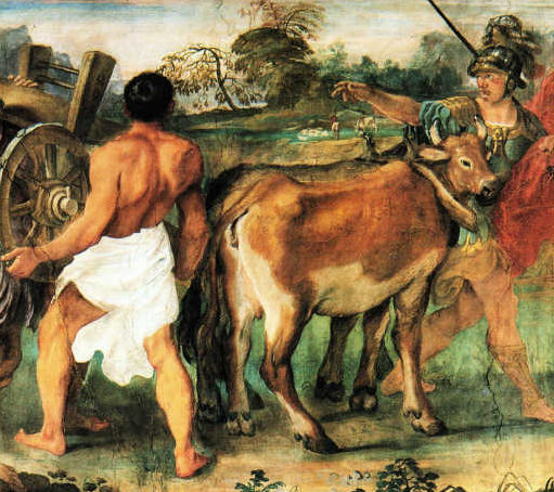 Romulus Traces the Boundaries of Rome with a Plow by Annibale Carracci, 1590, Palazzo Magnani in Bologna, Italy.
